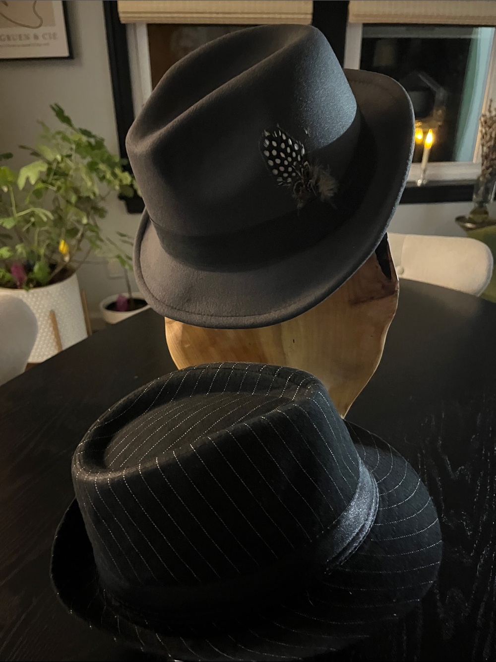 2 Items Classic Black Fedora Hat with Pinstripe & Gunmetal Gray with Feather